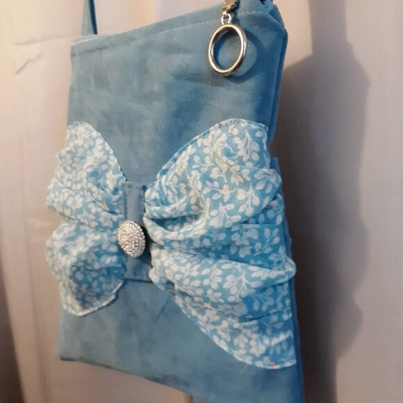 NEW Velvet texture Sueded Floral Bow Shoulder bag Purse Blue Cute Girlie Sling - Picture 5 of 9